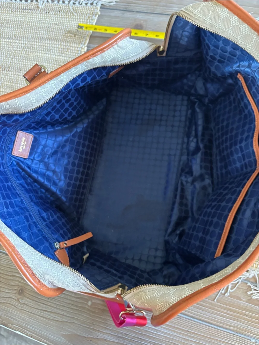 kate spade Beige Monogram Travel Tote with Pink and Red Stripe